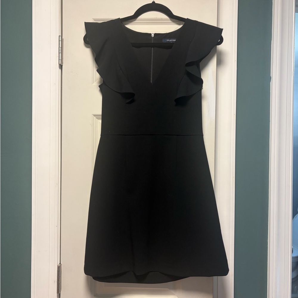 French Connection Black Ruffle V-Neck Mini Dress